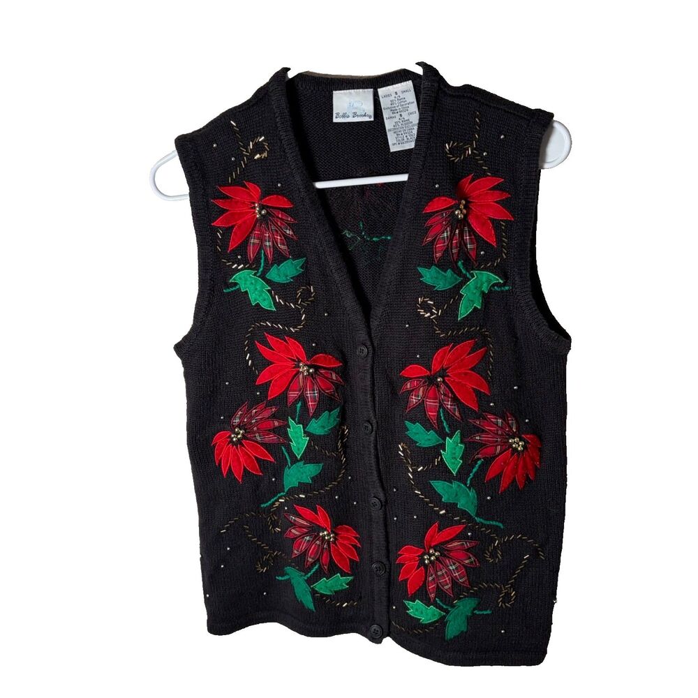 Bobbie Brooks Sweater Women's Small Ramie Vest Black Floral Christmas Knit